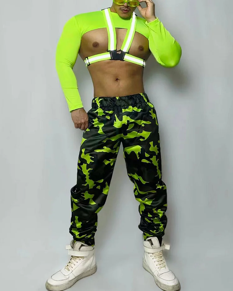 Men's Music Festival Stage Wear Bandage Top And Camouflage Pants Two-Piece Set