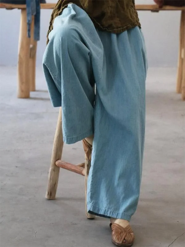 Casual Solid Denim Wide Leg Pants