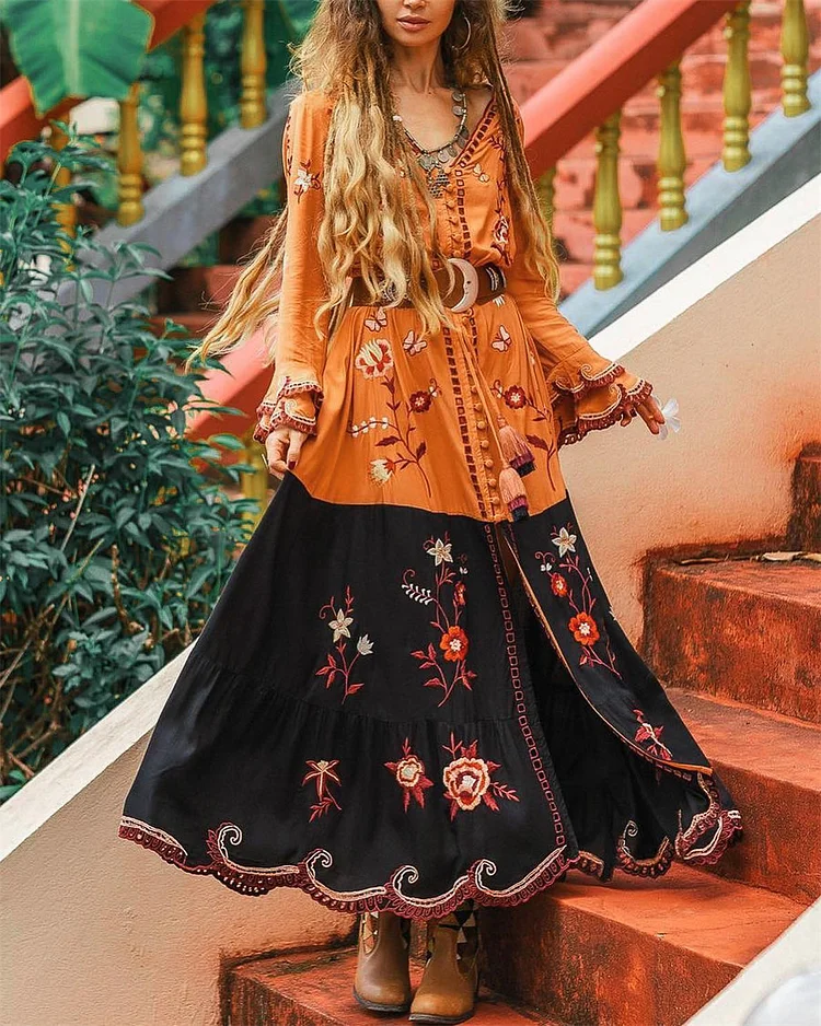 Women's V-neck Embroidery Print Dress