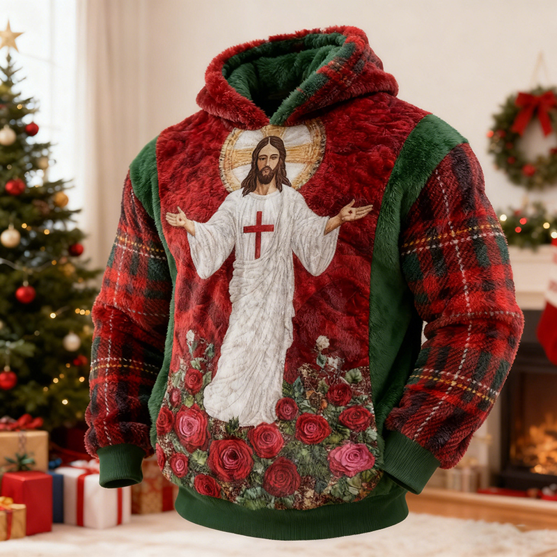 Men's Retro Christmas Jesus Pattern Flannel Hoodie elevenforest