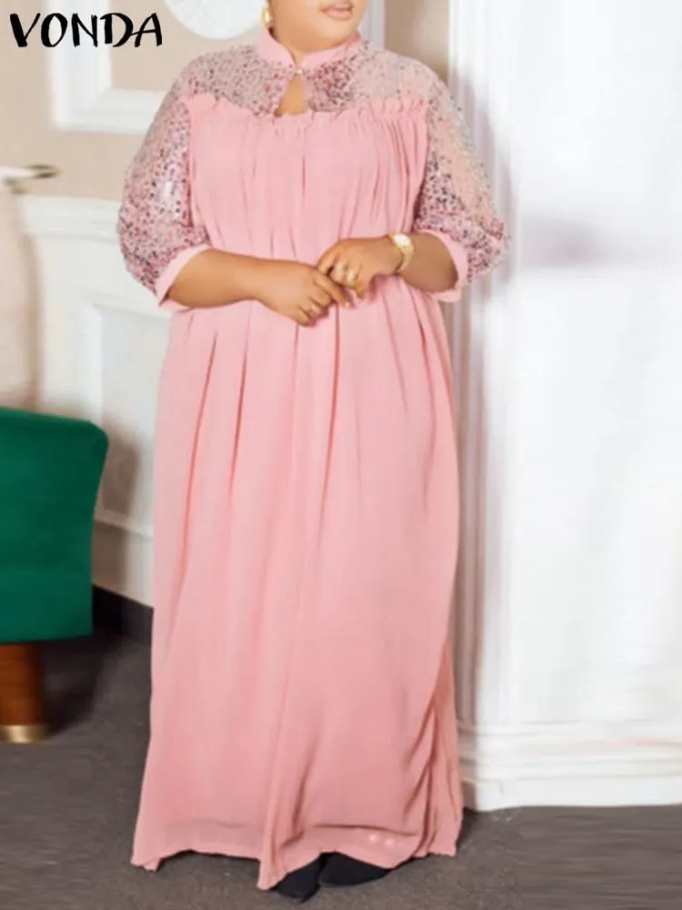 Summer Maxi Dresses Oversized Dress VONDA 2022 Elegant Women Vintage V Neck Robe Pleated Baggy Vestido Femme Patchwork Sundress