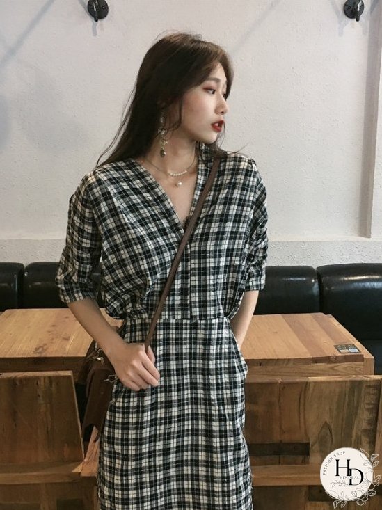 Checked linen cotton dress for Women