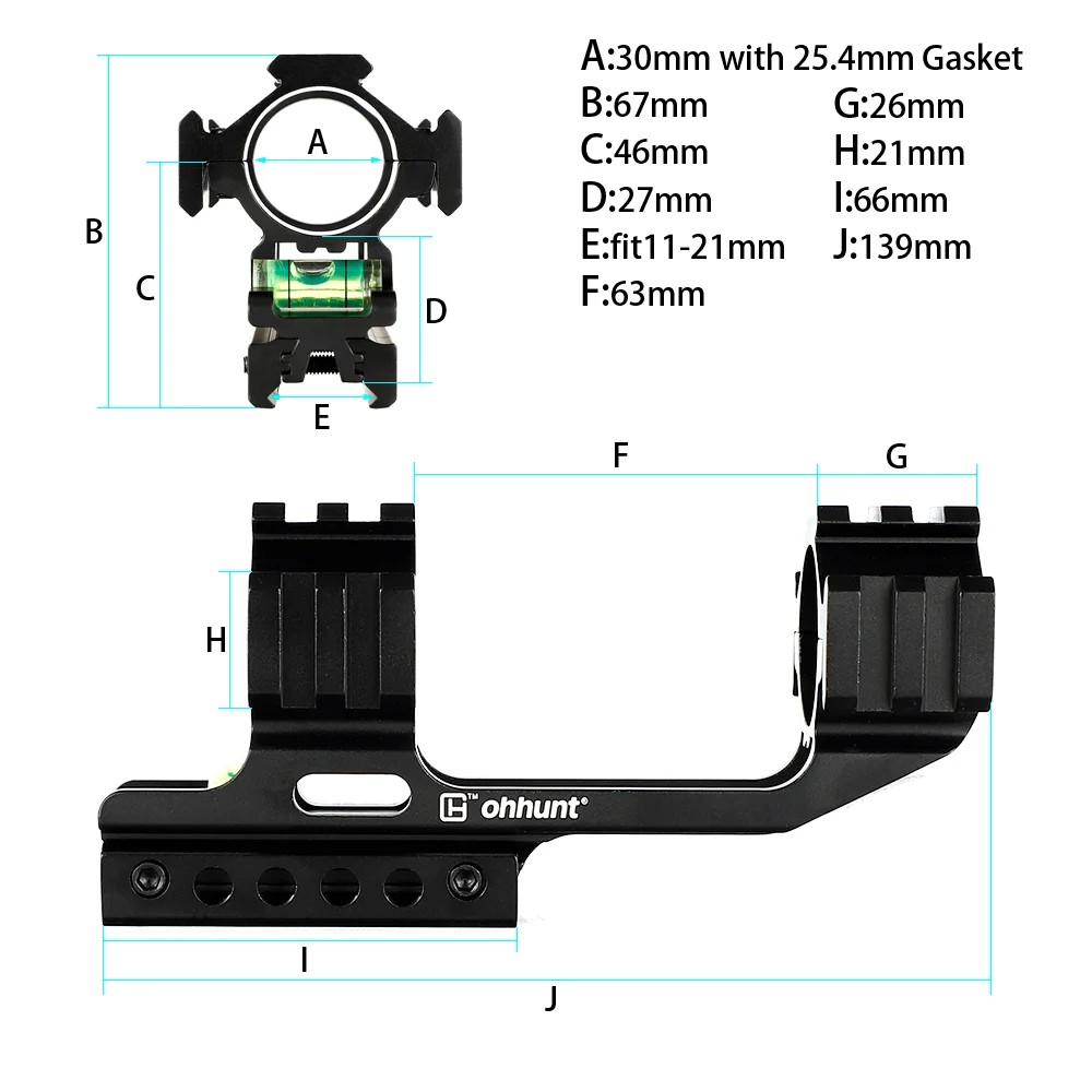 ohhunt® 11mm 3/8" Dovetail & 20mm Picatinny Rifle Scope Rings One Piece Cantilever Mount 30mm 25.4mm Bubble Level