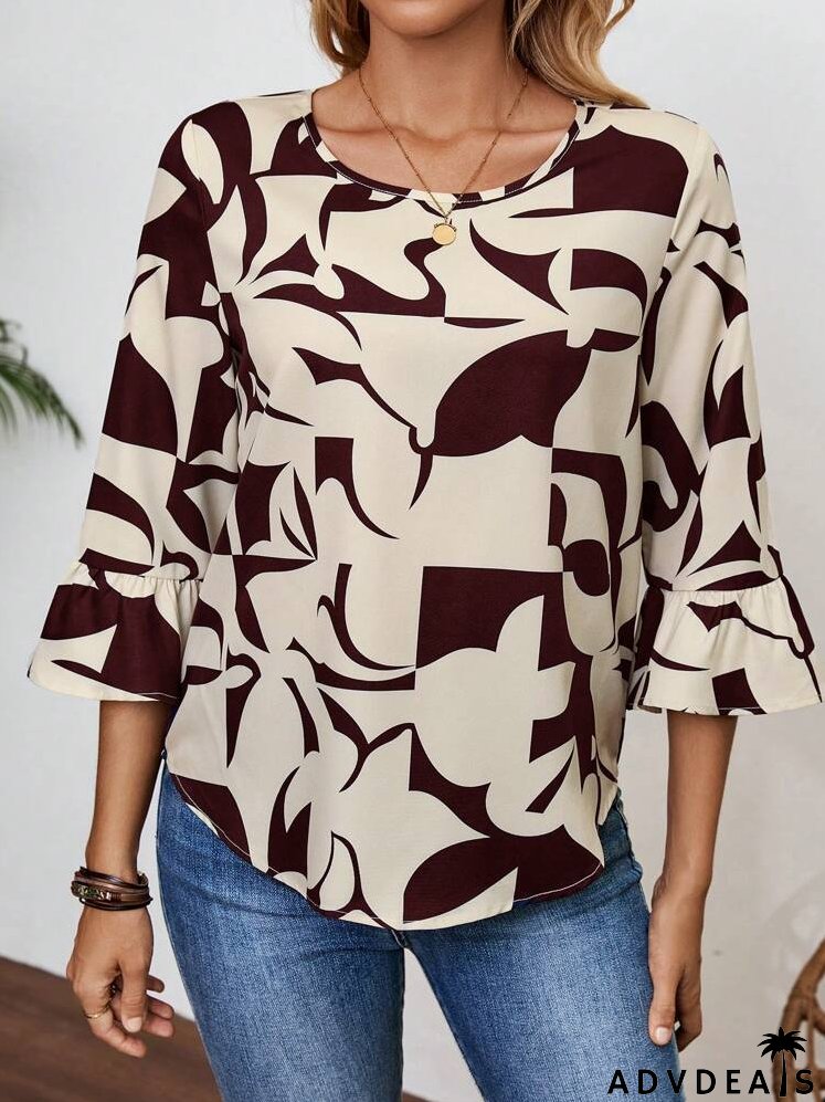 Women's Geometric Pattern Seven-Quarter Sleeve Round-Neck Shirt