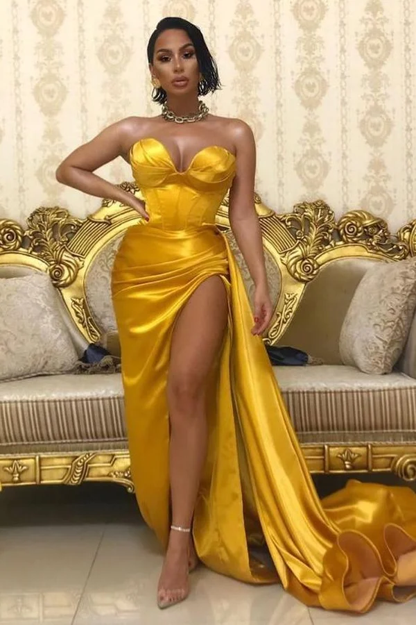Bellasprom Yellow Gold Slit Prom Dress Long On Sale Sweetheart Bellasprom