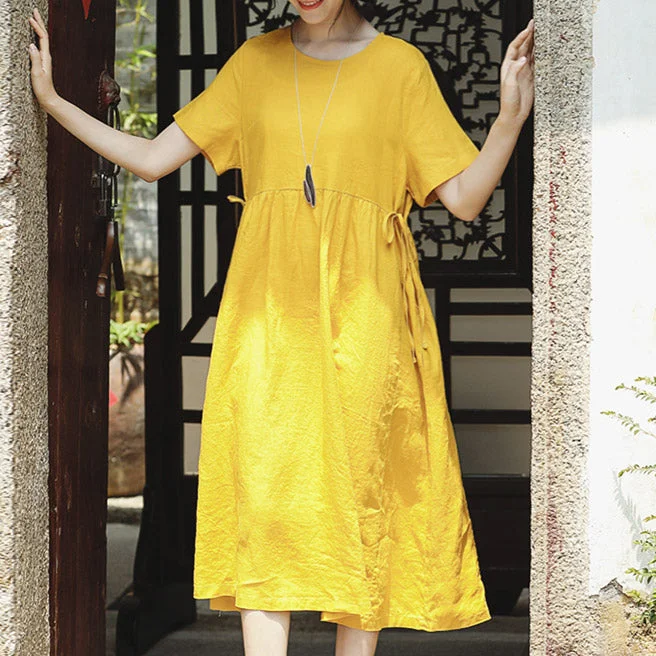 fine yellow natural linen dress trendy plus size O neck traveling clothing Elegant short sleeve tie waist maxi dresses
