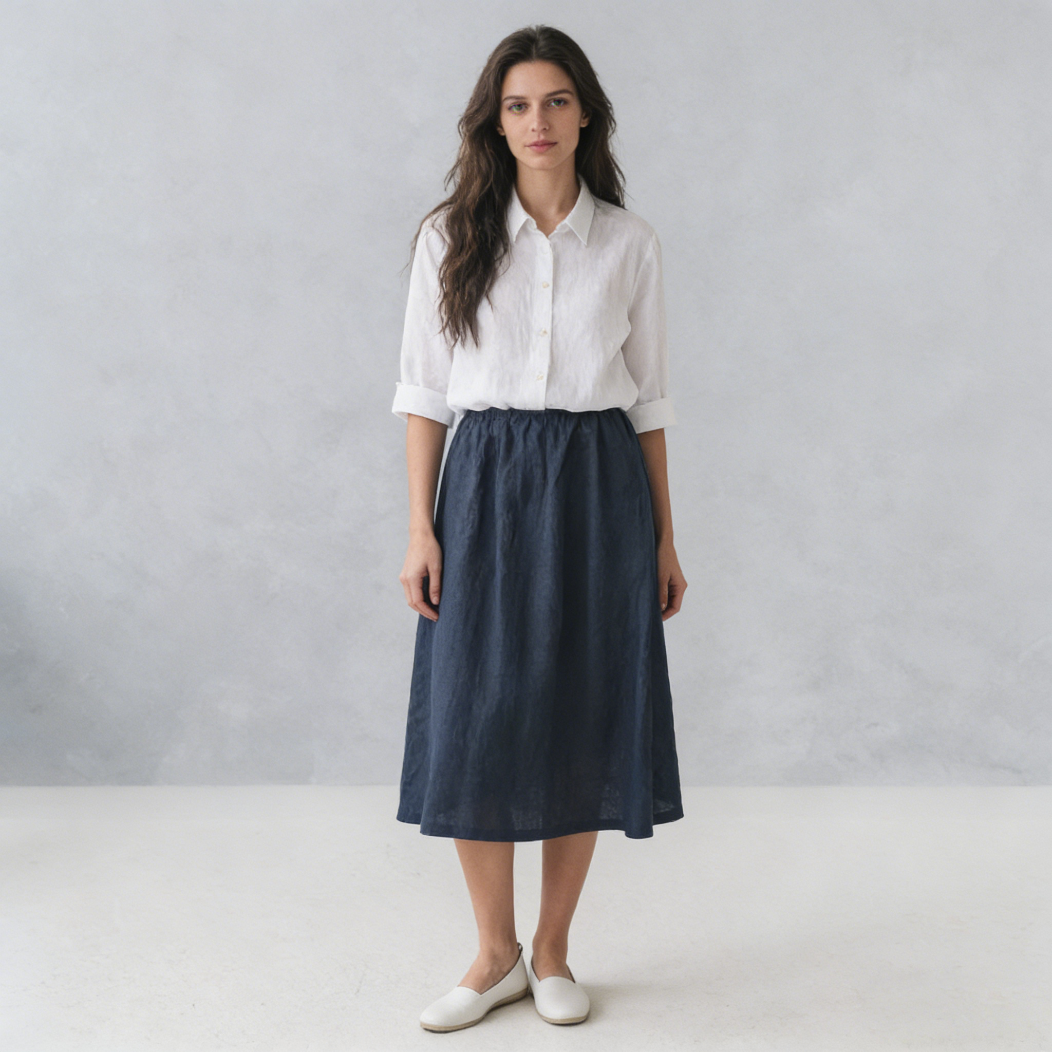 Linen Skirt Women 100% Linen Gathered Waist Midi Skirt REAL SILK LIFE