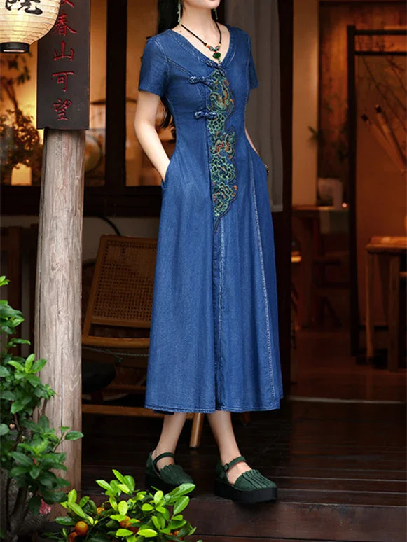 Women's Denim Embroidered Short Sleeve V-neck Maxi Dress