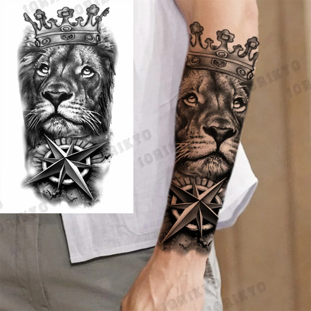 Black Lion Wolf Temporary Tattoos For Men Adult Forest Rose Compass Warrior Fake Tattoo Washable Body Art Painting Tatoo Sticker