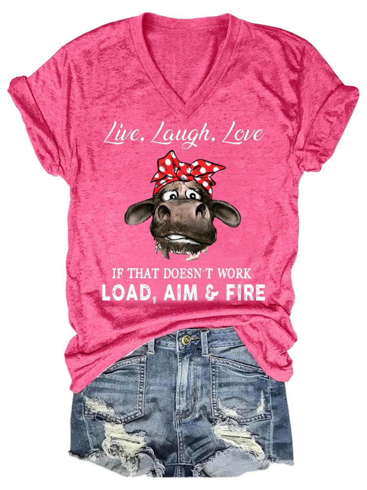 Live Laugh Love Cow Print V-Neck T-Shirt wearshes
