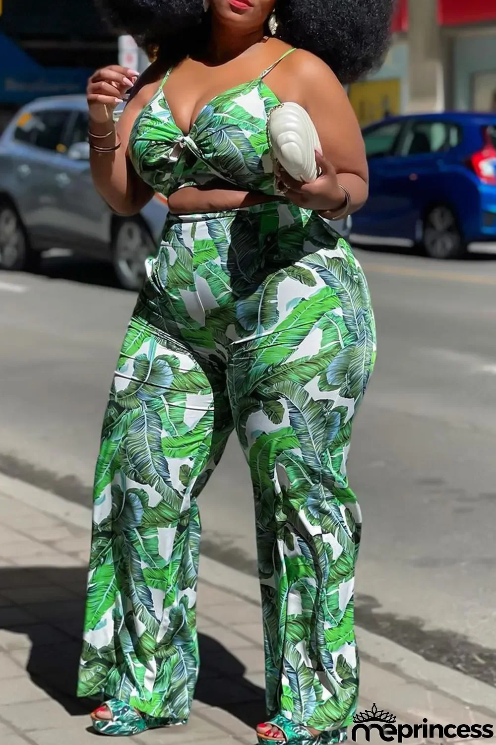 Green Sexy Print Split Joint Spaghetti Strap Plus Size Two Pieces