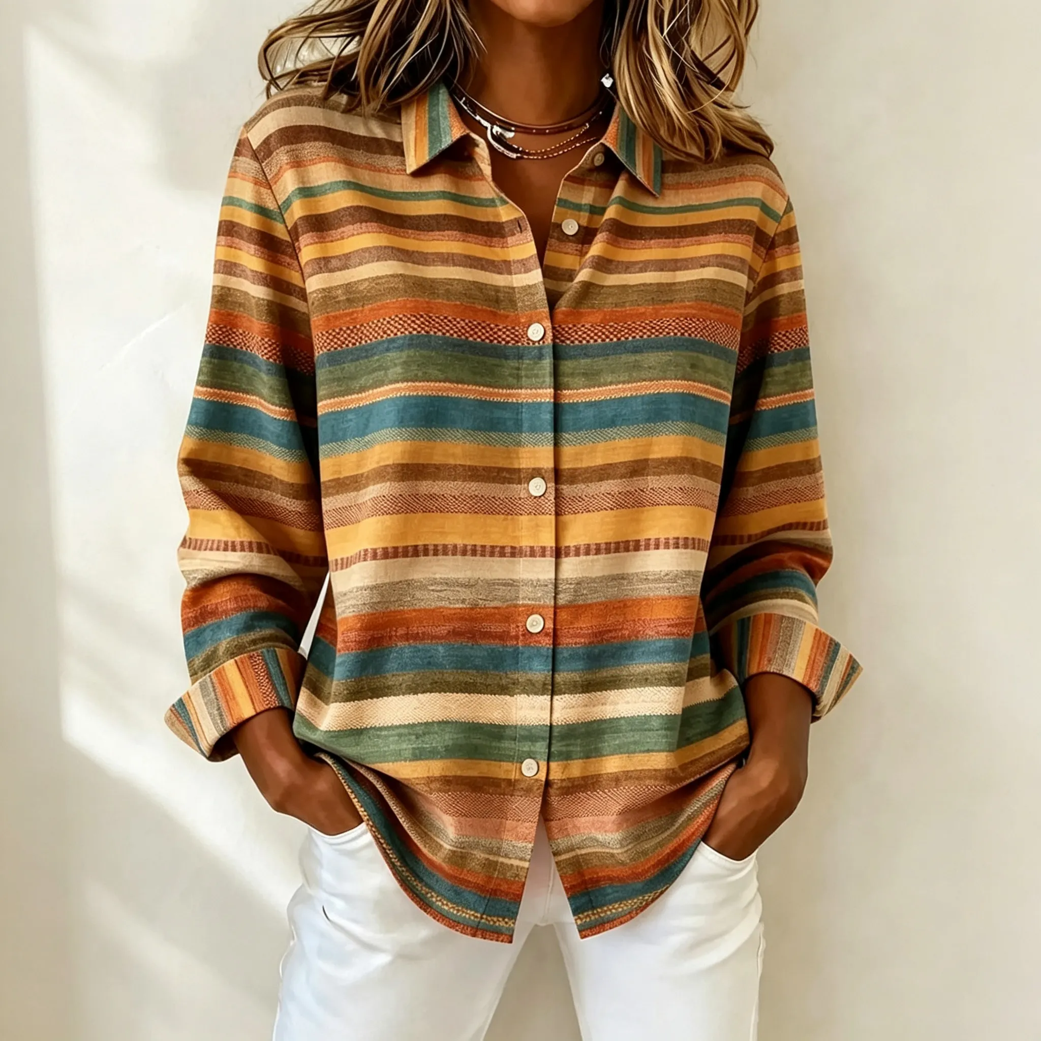 Comstylish Women's Vintage Colorful Striped Print Casual Long-sleeved Shirt