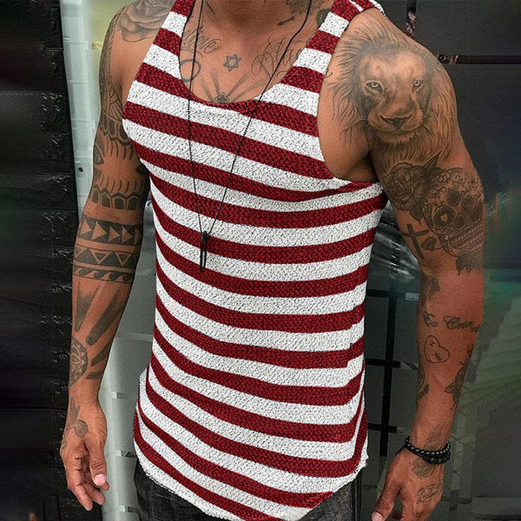 Striped Summer Sleeveless Mens Fitness Gym Tank Top at Hiphopee