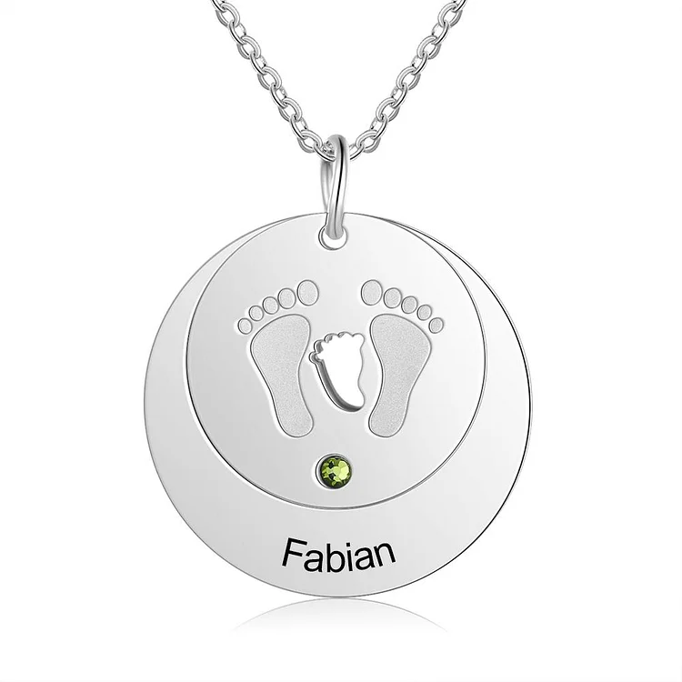 Baby Feet Necklace Round Charms Engraving Kid's Name with Birthstone Gifts for Mother