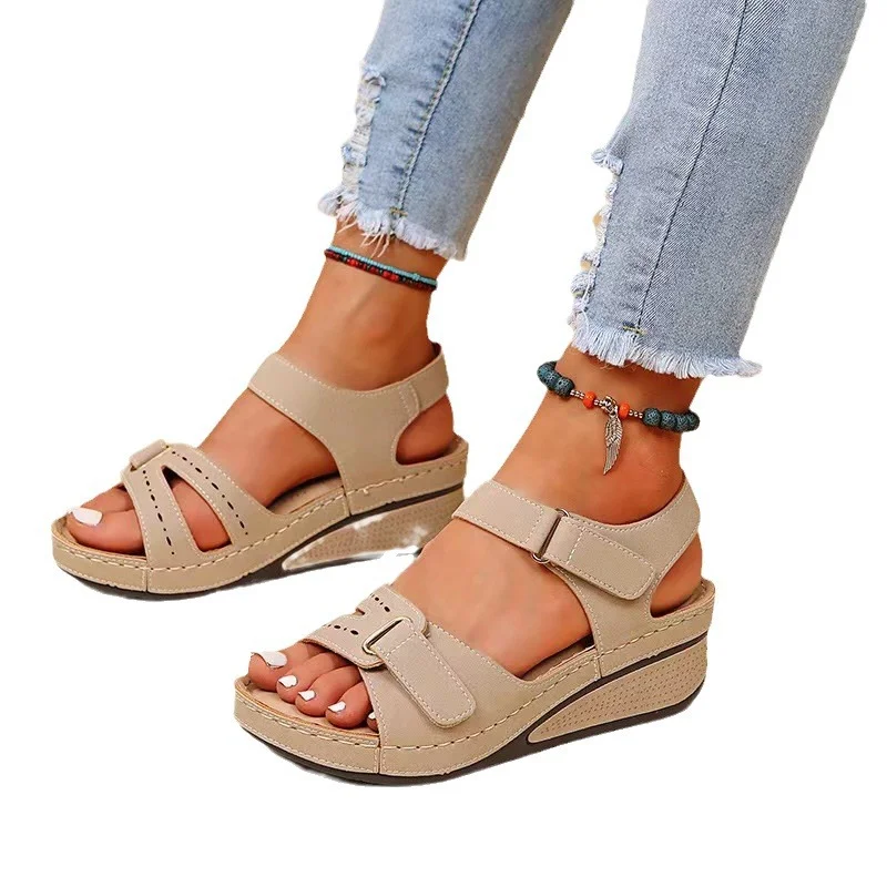 Breakj Breakj Summer Women's Slope And Thick-Soled Casual Sandals Pure Color Magic Stick With Sandals