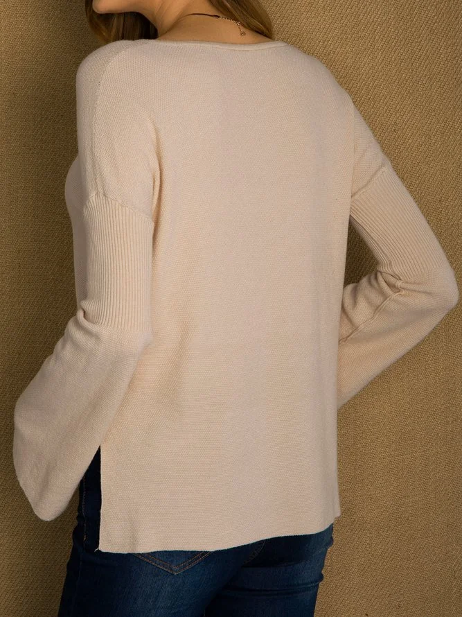 White Crew Neck Cotton-Blend Solid Casual Sweater