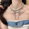 Silver rivet tassel freshwater pearl necklace, sweet and cool hot girl necklace, niche design, fashionable and versatile, trendy clavicle chain