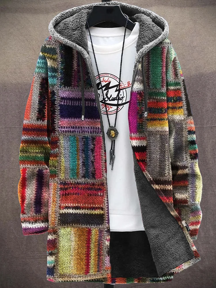 Men's Retro Colorblock Patchwork Cozy Plush Hooded Cardigan
