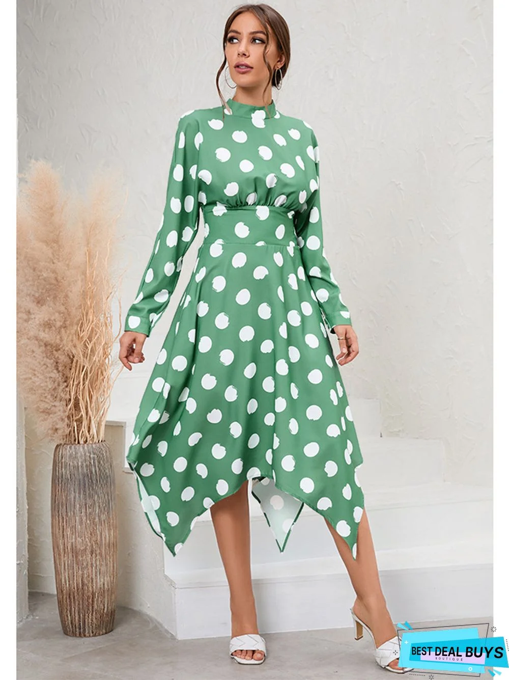 Casual Irregular Long Sleeve Polka Dot Dress