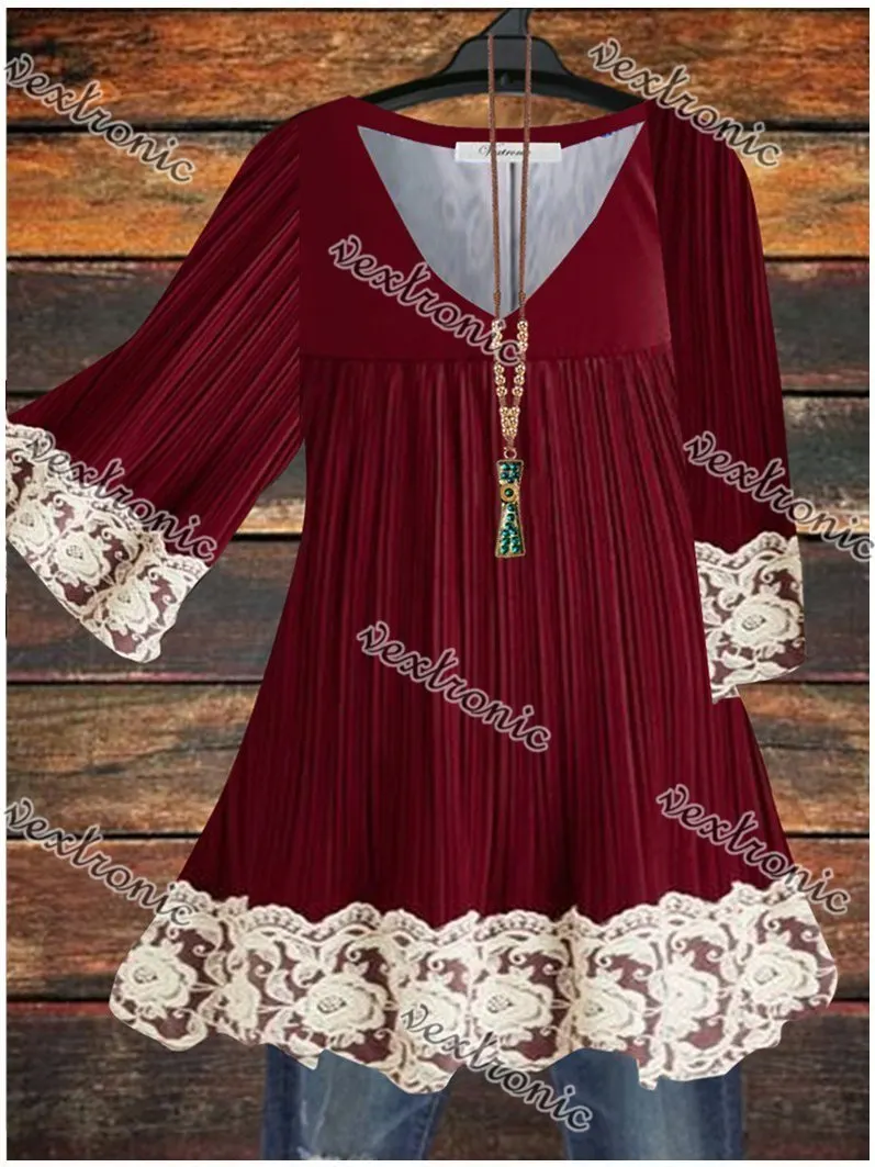 Women V-neck Half Sleeve Lace Stitching Tops