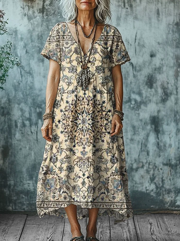 Women's  Vintage Symmetry Art Print Pocket Cotton Dress