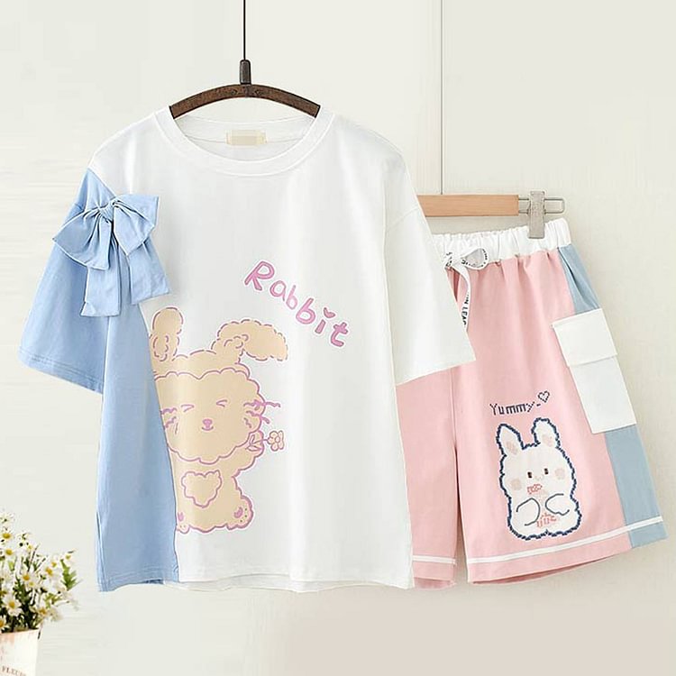 Colorblock Cartoon Rabbit Print Bow Knot T-Shirt Shorts Set  - Modakawa modakawa