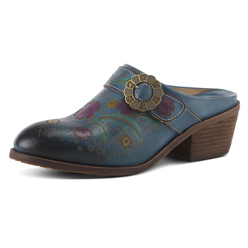 Blue Round Toe Block Heel Ladies Western Mules with Colorful Floral Nicepairs