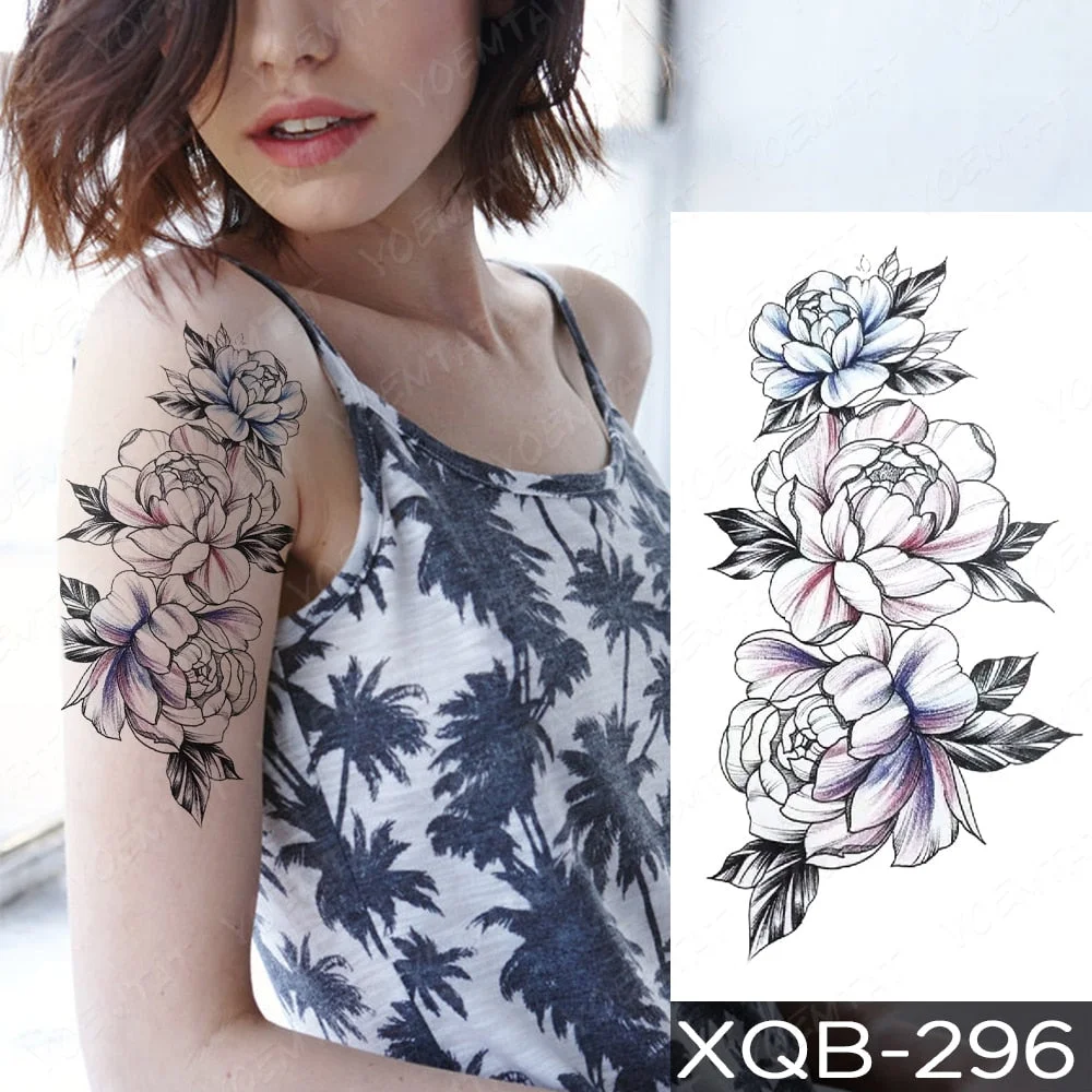 Waterproof Temporary Tattoo Sticker Orchid Flower Tattoos Peony Lotus Lines Painted Rose Body Art Arm Fake Sleeve Tatoo Women