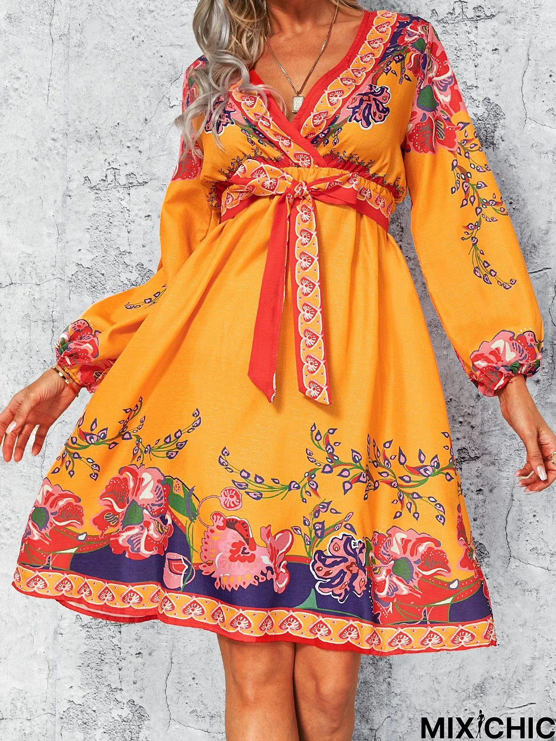 Cotton-Blend 3/4 Sleeve V Neck Floral Weaving Dress