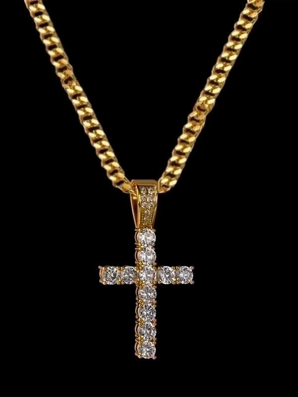 Retro Cross Stainless Steel Copper Inlay Zircon Men's Pendant Necklace