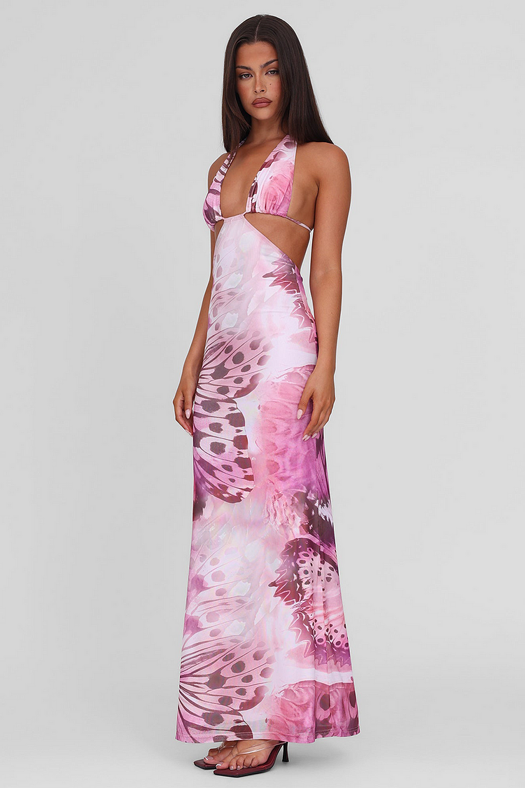 Butterfly Print Halter Neck Cutout Backless Maxi Dresses-Pink [Pre Order]
