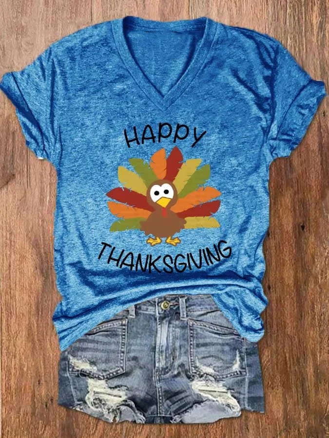 Women's Happy Thanksgiving Turkey Print Casual T-Shirt