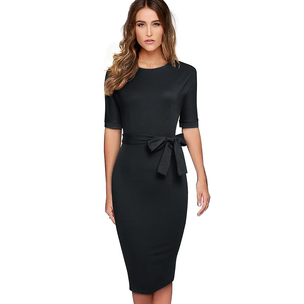 Bodycon Dress For Women Round Neck Bow Tie Midi Dress