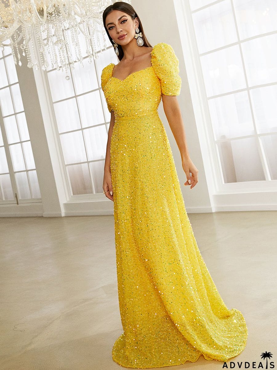 Light Yellow Floor Length Puff Sleeve Sequin Dress XJ1509