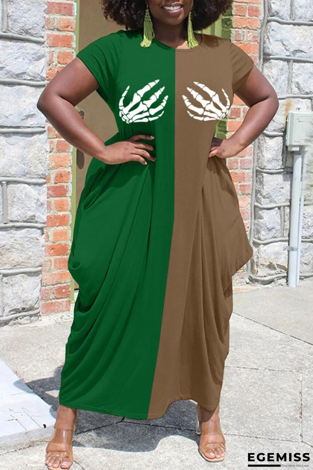 Green Street Print Patchwork O Neck Dresses | EGEMISS