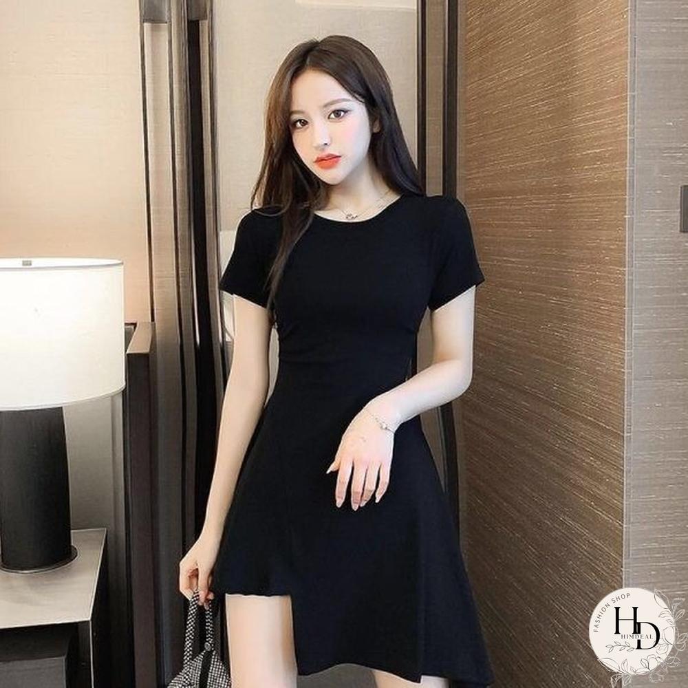 Women Dress Short Sleeves Classic Stylish Ulzzang Mini Asymmetrical Tunic Black Elegant Femme Sweet Cool Girls Leisure Chic Ins