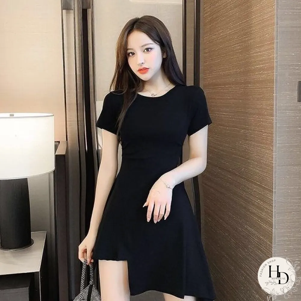 Women Dress Short Sleeves Classic Stylish Ulzzang Mini Asymmetrical Tunic Black Elegant Femme Sweet Cool Girls Leisure Chic Ins