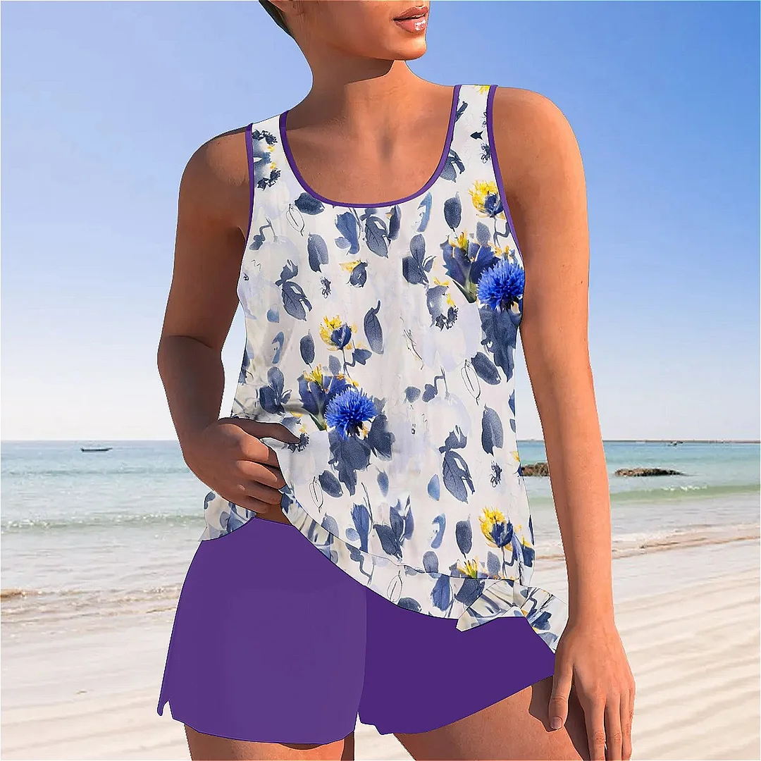 Bowknot Floral,Dark Blue,Yellow Mid Waisted Tankini Set - Plus Size Available