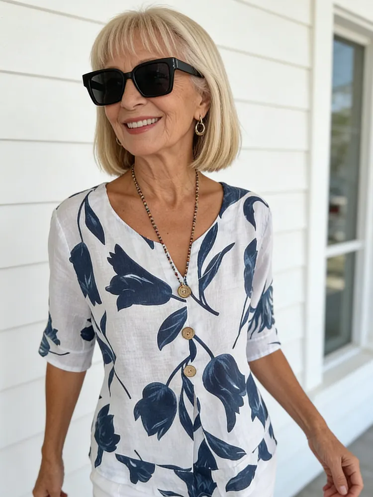 Printed V-neck Tunic Top