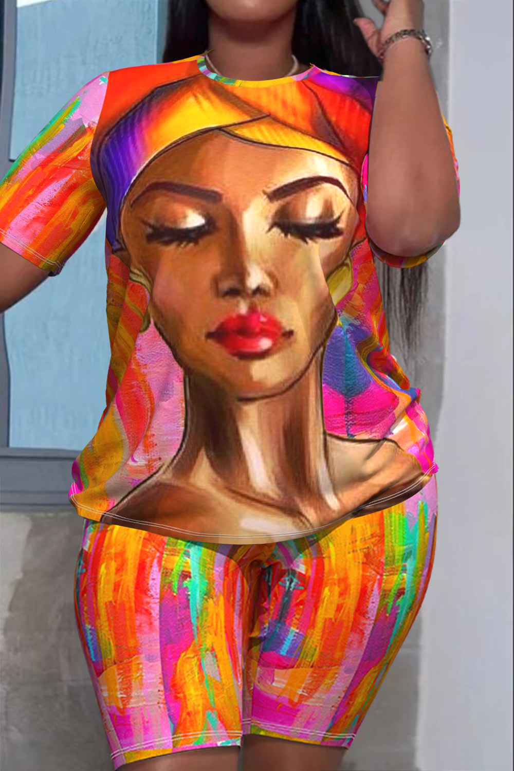 Plus Size Casual Multicolor Portrait Round Neck Short Sleeve Two Piece Short Set [Pre-Order]