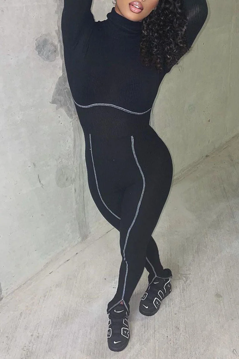 Casual Sportswear Solid Split Joint Turtleneck Regular Jumpsuits