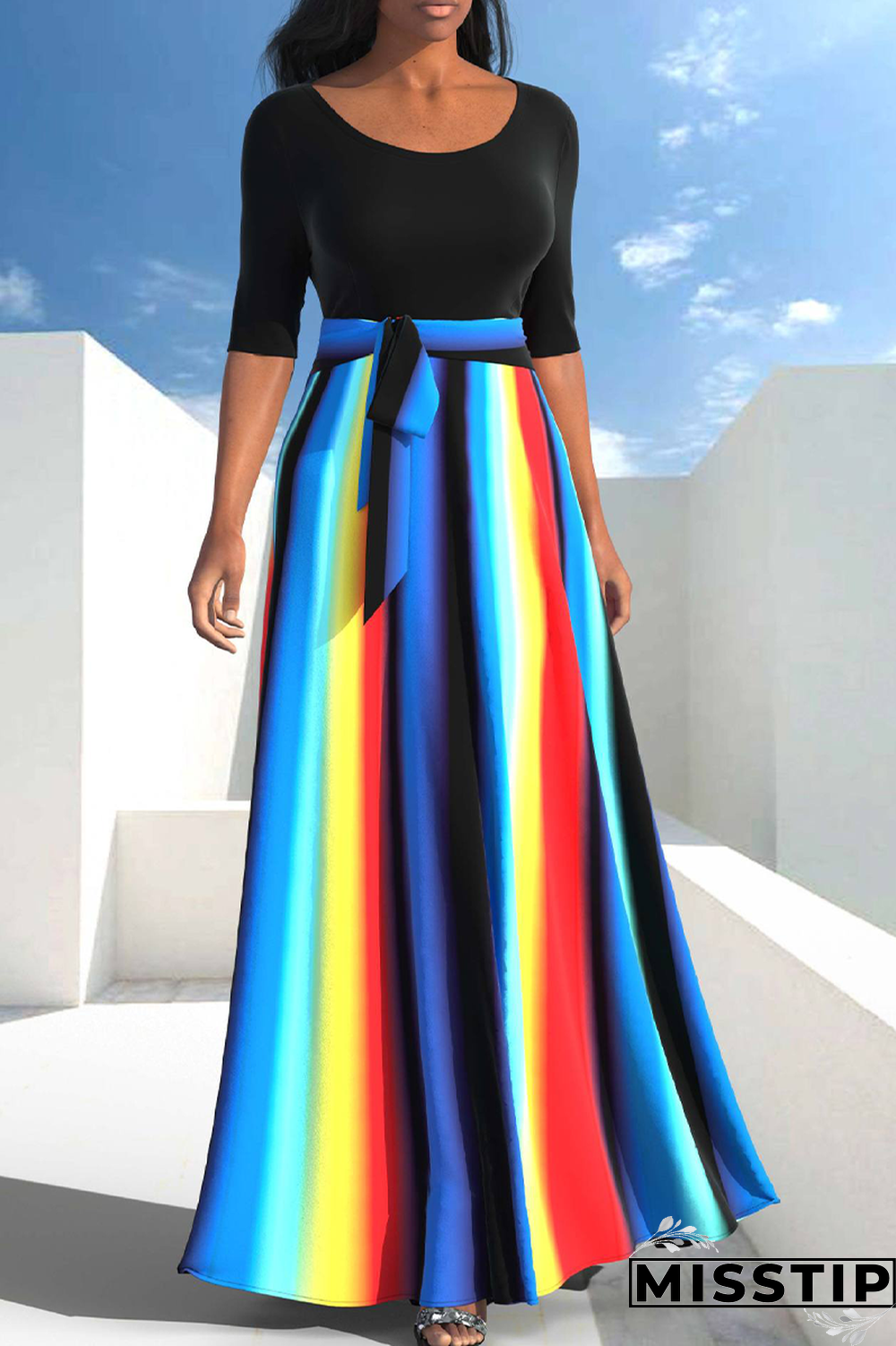 Blue Black Casual Patchwork Tie-dye O Neck Dresses