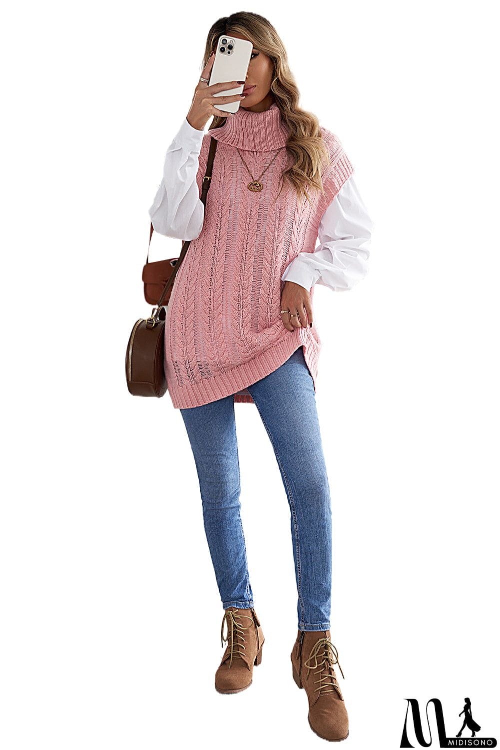 MidiSono - Casual Pink Turtleneck Braided Knitted Vest