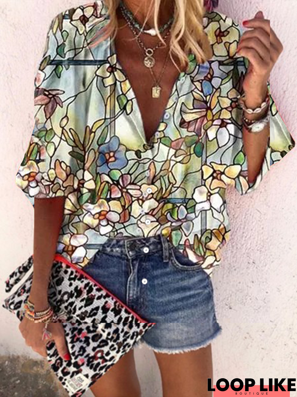 Floral-Print Short Sleeve Shift Boho Blouse