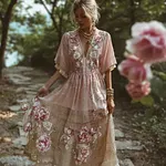 French Romantic Bohemian Style Patchwork Plaid Rose Dress - Image 2