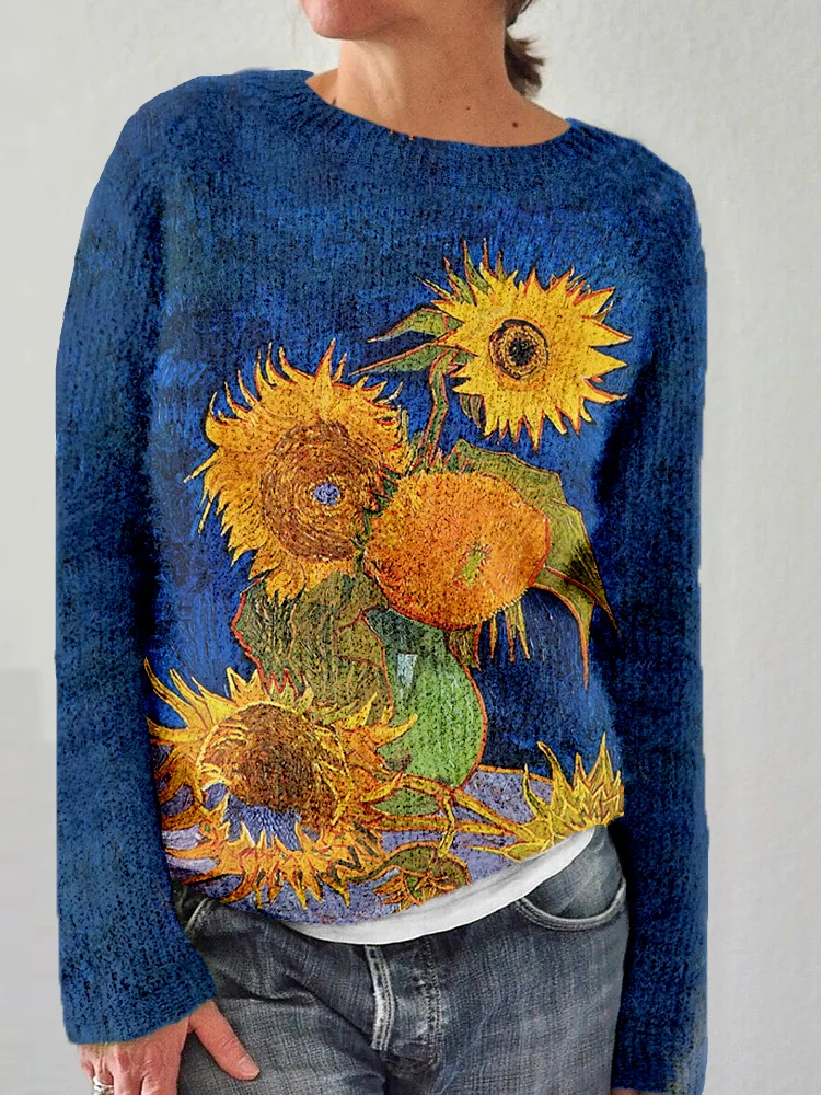 Classy Sunflowers Painting Crew Neck Cozy Sweater