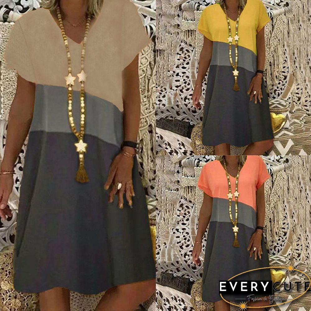 Summer Retro V-Neck Short-Sleeved Mid-Length Dress Retro Printed Loose Beach Casual Skirt