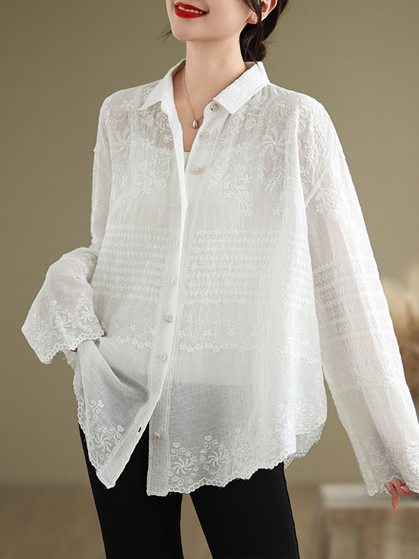 Lace Embroidery Long Sleeve Lapel Loose Shirt