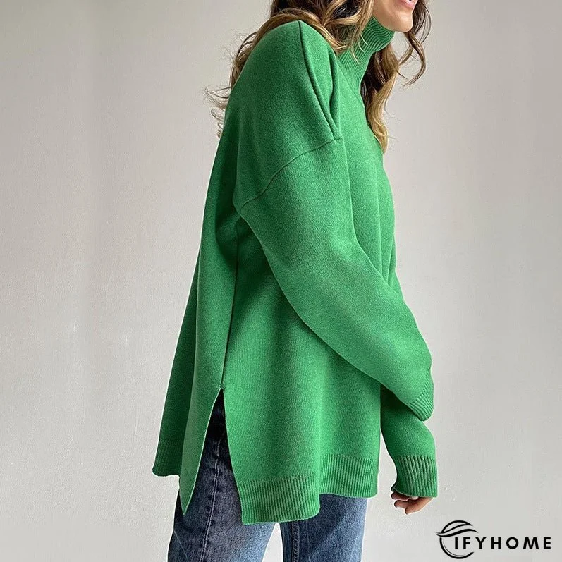 Versatile High Neck Loose Pullover Sweater with Split Detail for Women | IFYHOME