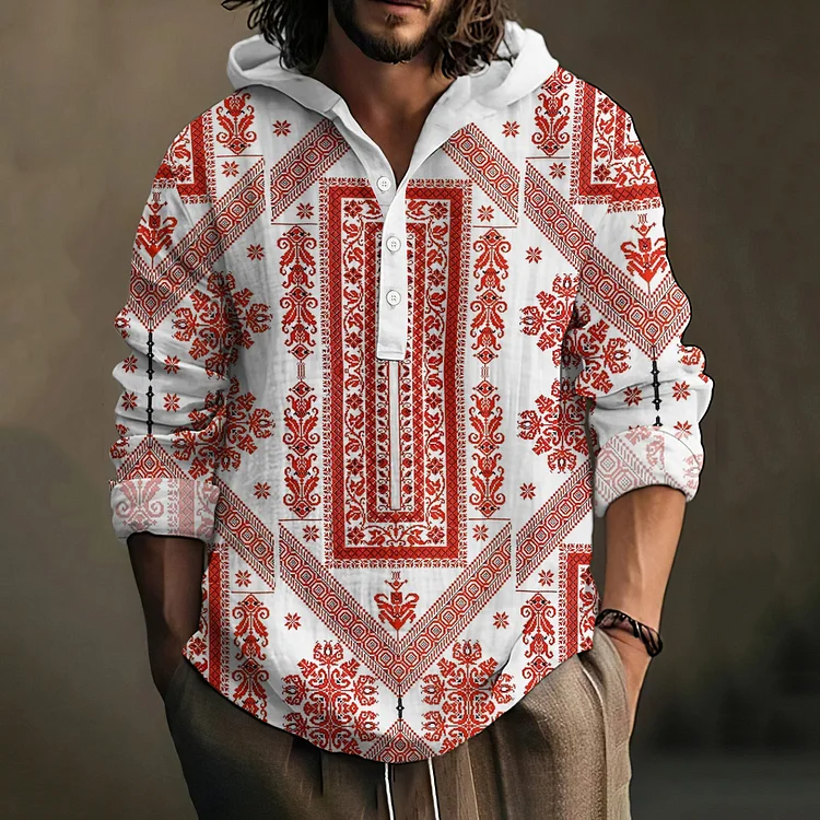 Palestinian Ethnic Print Long Sleeved Linen Blend Hoodie
